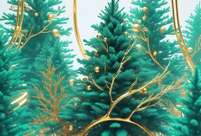 The primary subject of the image is a beautifully decorated tree with a gold and blue color scheme. The tree is adorned with a variety of ornaments, including gold and blue balls, which add to its festive appearance. The setting is a white background, which provides a clean and elegant backdrop for the tree. The visual style of the image is a combination of digital art and illustration, creating a unique and eye-catching design. The colors and mood of the image are warm and inviting, with the gold